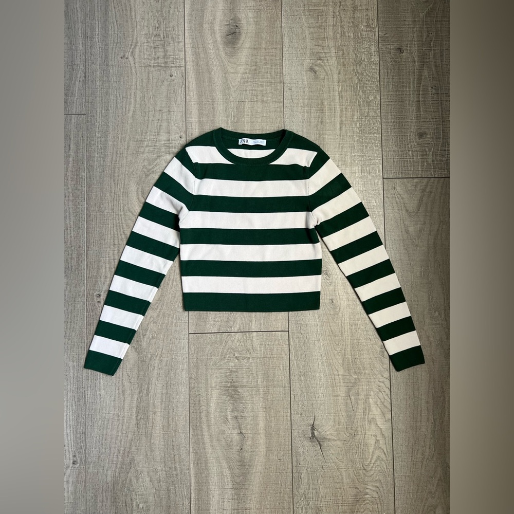 Zara Forest Green and Cream Striped Top Kid Size Large
